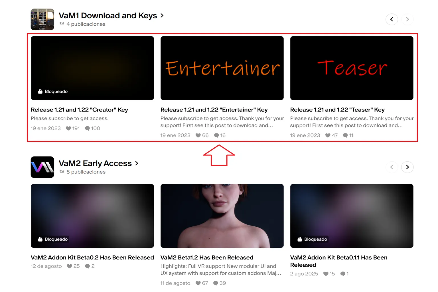 Sección VaM1 Download and Keys de Patreon, con las publicaciones de claves Creator, Entertainer y Teaser señaladas.