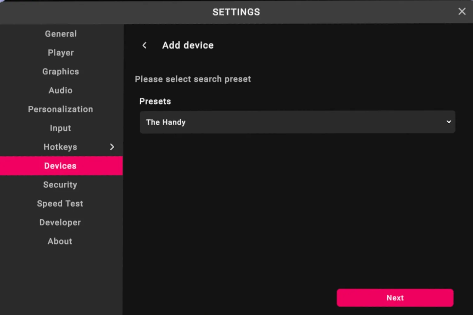 Pantalla de VRPorn para seleccionar The Handy como dispositivo interactivo
