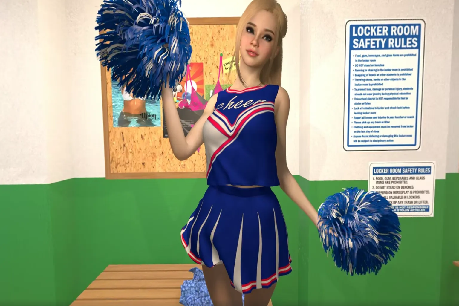 Un personaje de animadora agitando pompones dentro de un vestuario. Lleva un uniforme azul y se acerca sonriendo, mientras al fondo se ven tablones de anuncios y avisos de seguridad.