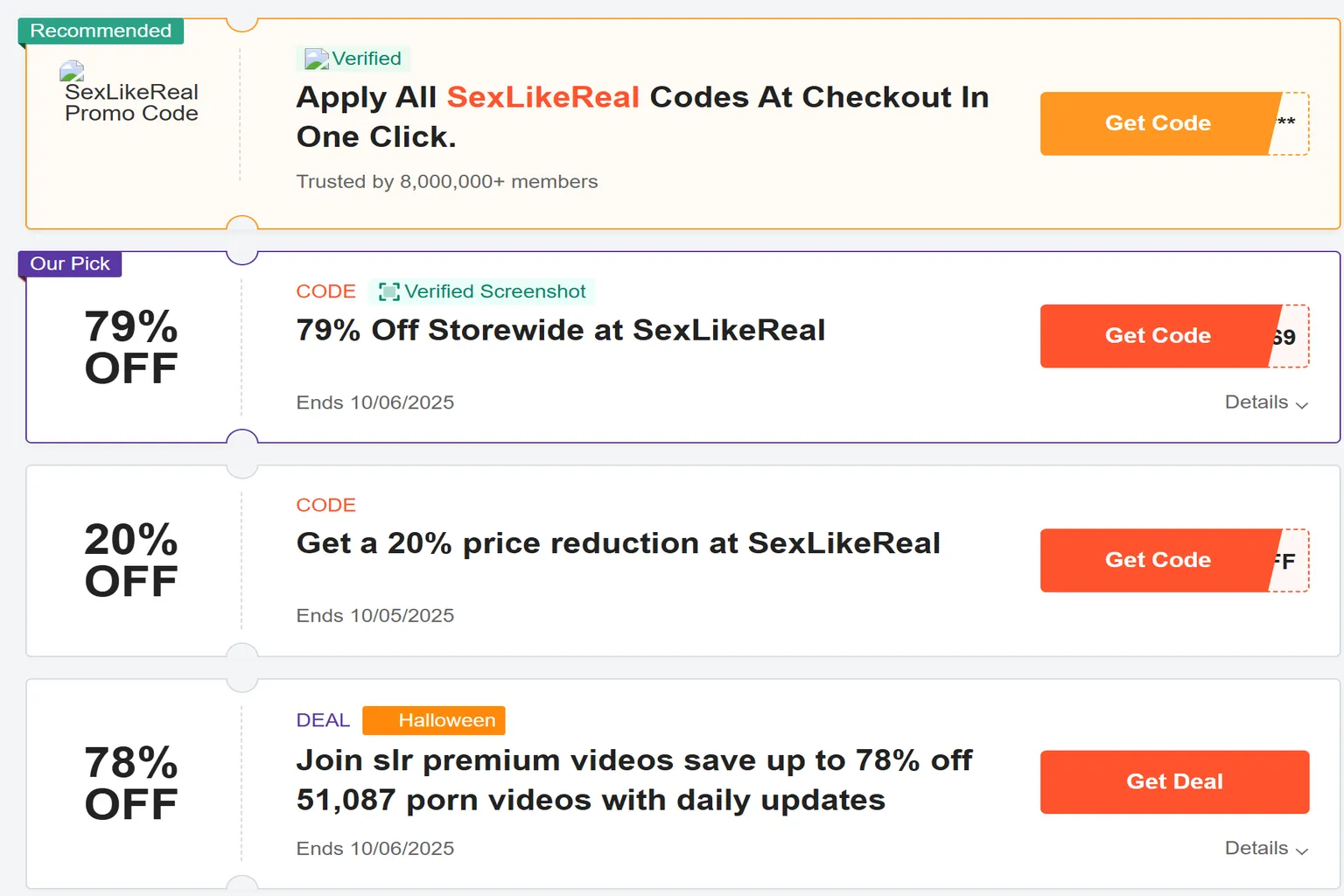 Página de cupones de SexLikeReal con supuestos descuentos del 79 %, 20 % y 78 %