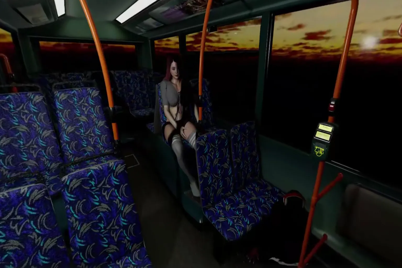 Una toma de un personaje femenino virtual sentado en un asiento de autobús por la noche. La iluminación interior contrasta con el atardecer visible a través de la ventana, transmitiendo con claridad tanto la ambientación de la escena como la atmósfera general del personaje.