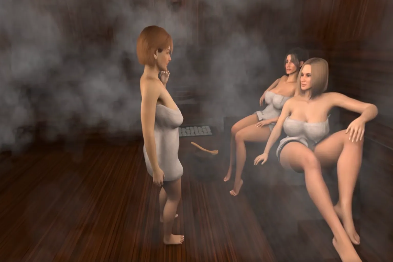 Una escena en la que varios personajes femeninos virtuales se relajan y conversan dentro de una sala de vapor. Se utilizan toallas y efectos de vapor visibles, lo que permite apreciar con claridad los materiales de los personajes y la atmósfera general del entorno.