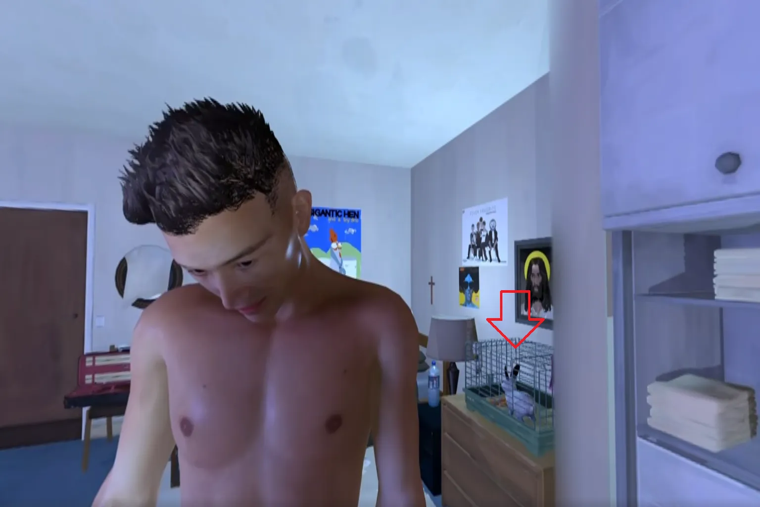 Una escena en la que un personaje masculino virtual está de pie en el centro de un dormitorio. Detrás de él se ven estanterías, pósteres y una jaula para mascotas, recreando un entorno cotidiano y natural como presentación del modelo de personaje.