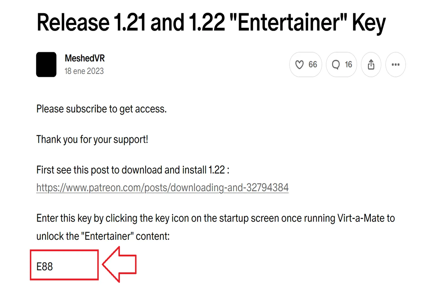 Publicación de Patreon con la clave Entertainer para VaM 1.21 y 1.22, y el código de activación señalado en rojo.