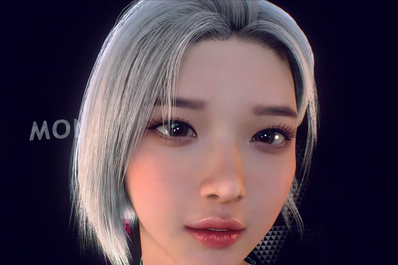 Primer plano del rostro de un avatar femenino de estilo coreano en VaM con cabello plateado.