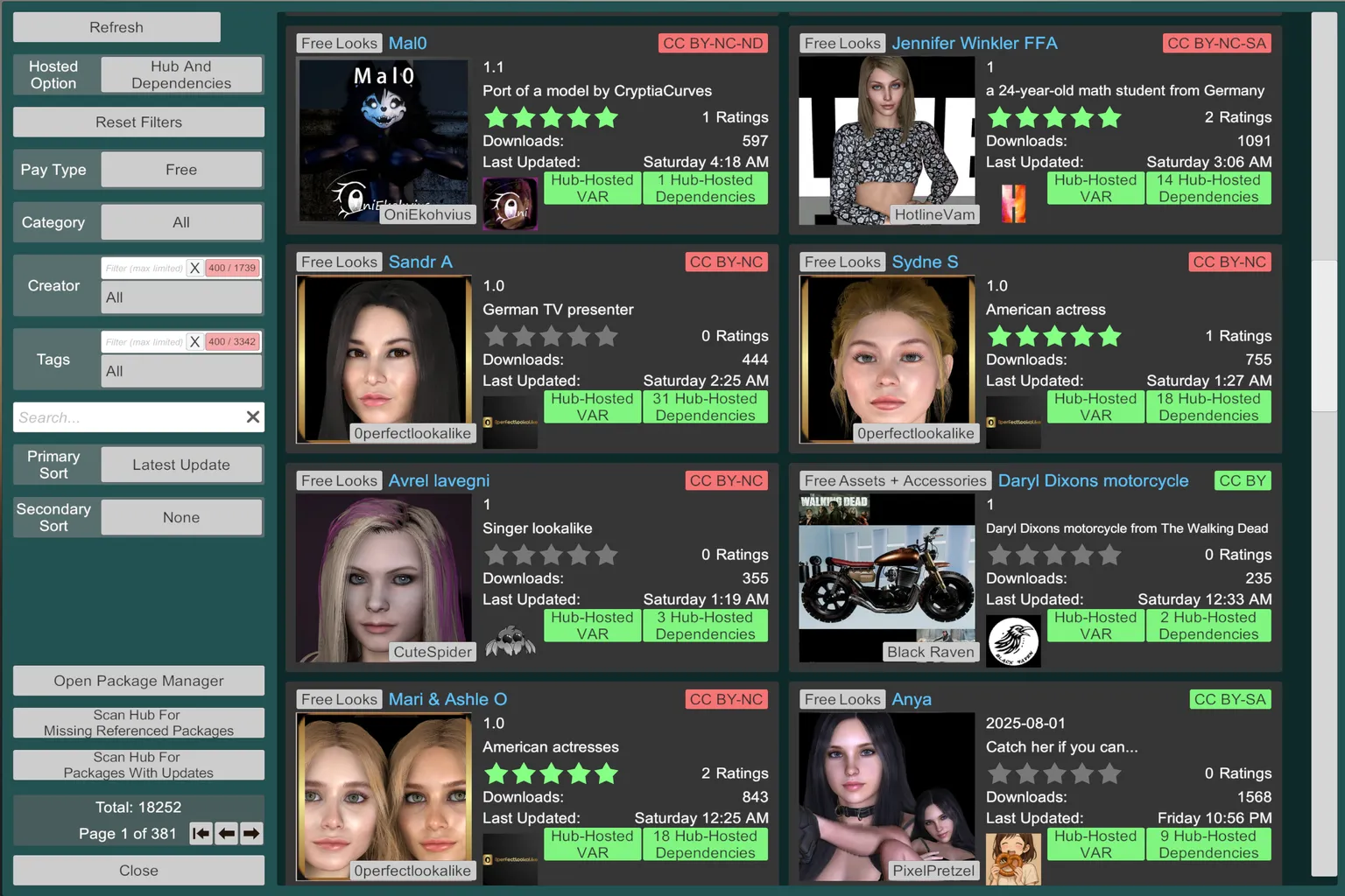 Navegador de recursos de VaM Hub con escenas gratuitas, paquetes y dependencias, junto con filtros de categoría, creador y etiquetas.