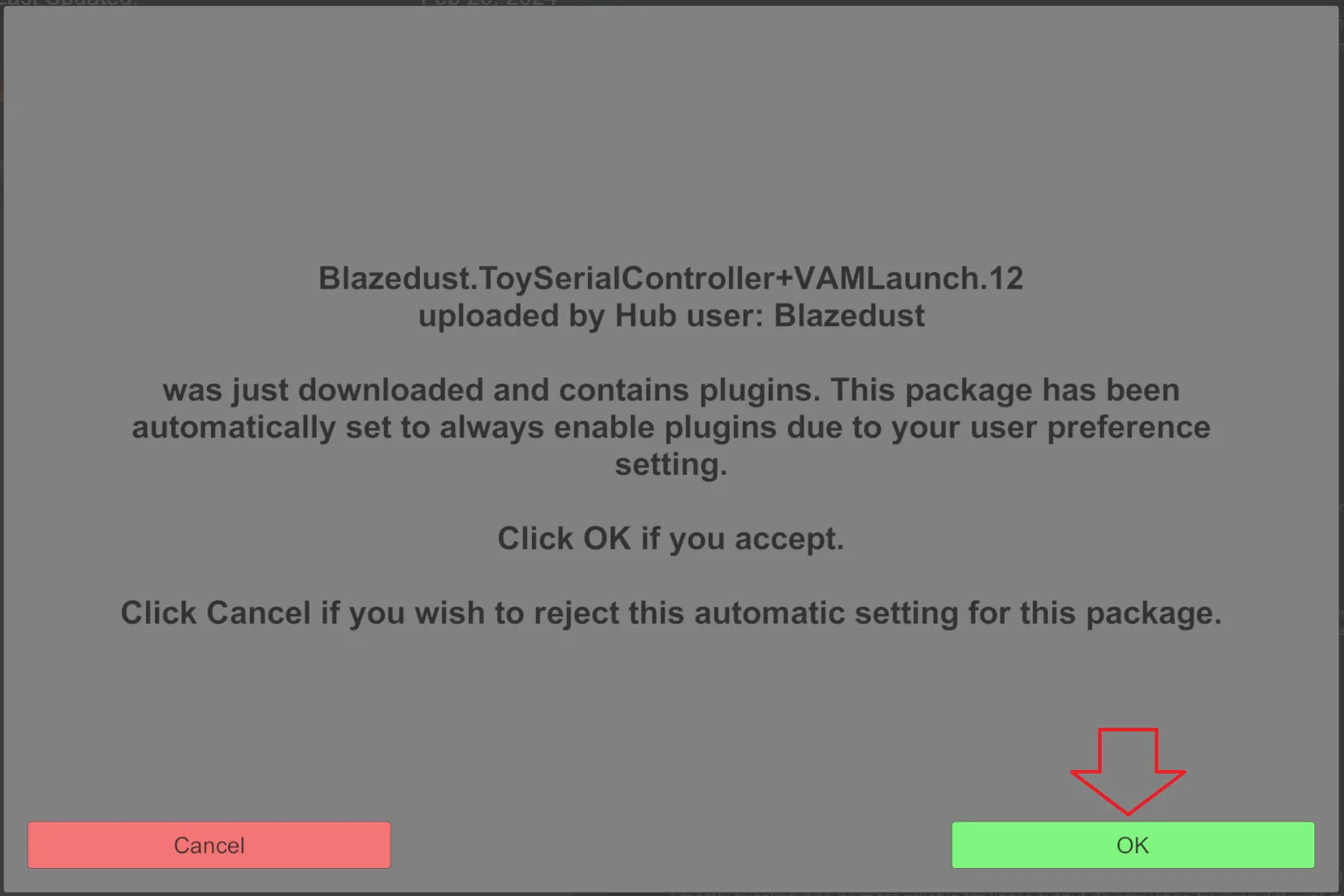 Mensaje de confirmación de VaM para habilitar los plugins del paquete ToySerialController+VAMLaunch.