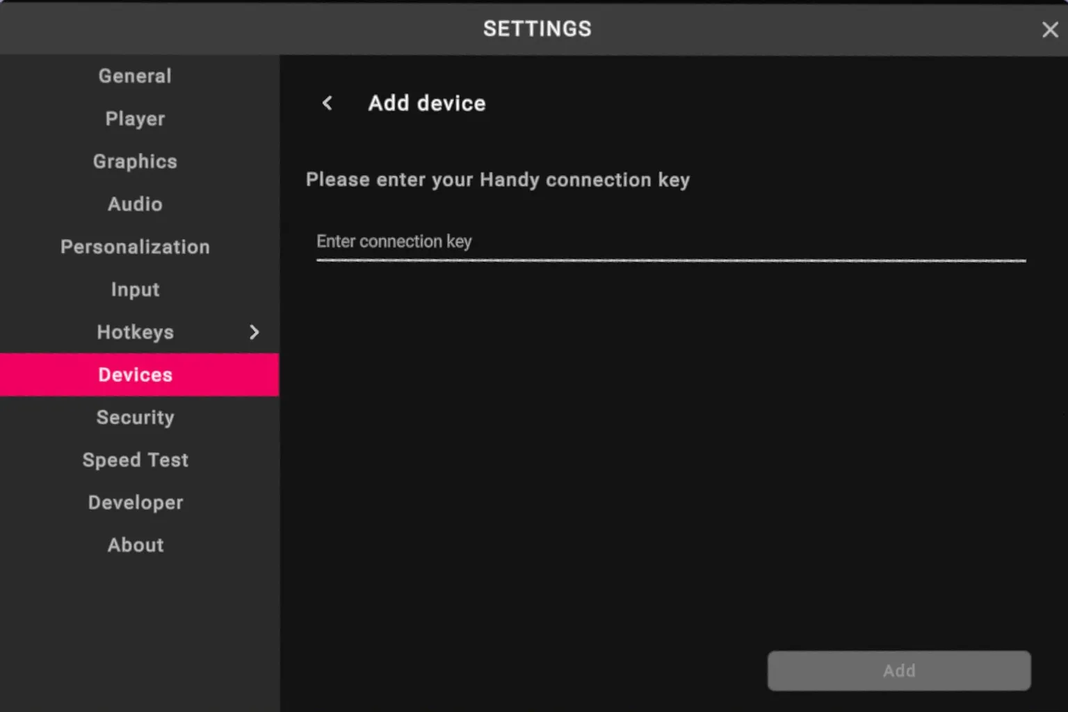 Pantalla de VRPorn para introducir la clave de conexión de The Handy