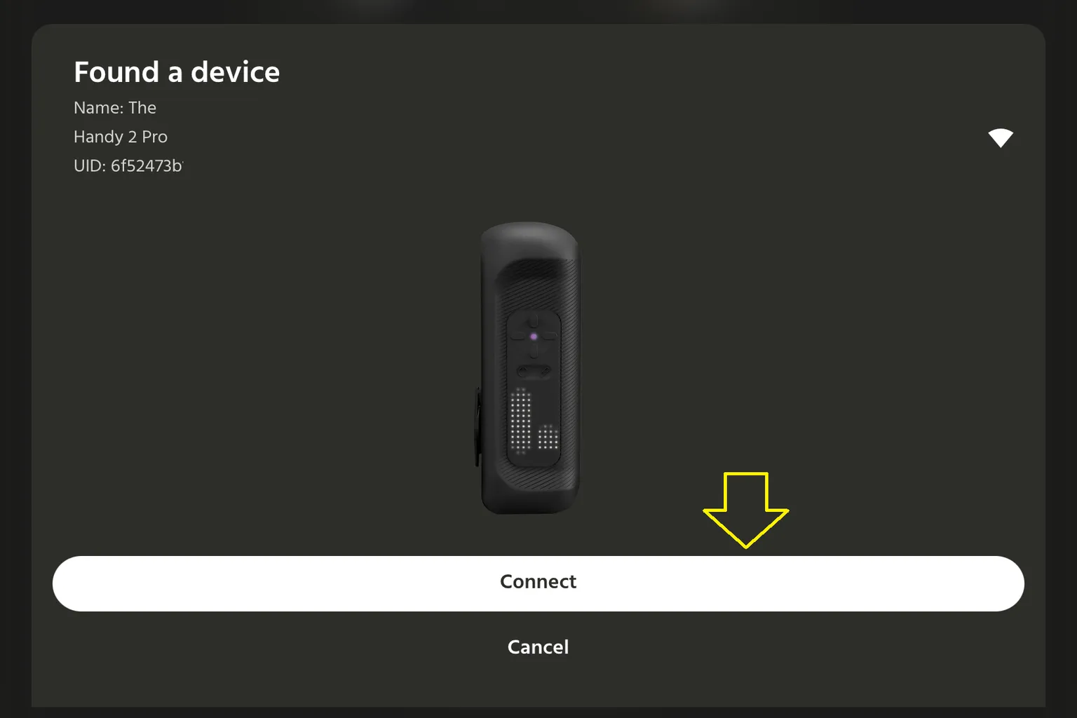 HandyOnboarding detecta The Handy 2 Pro y muestra el botón Connect