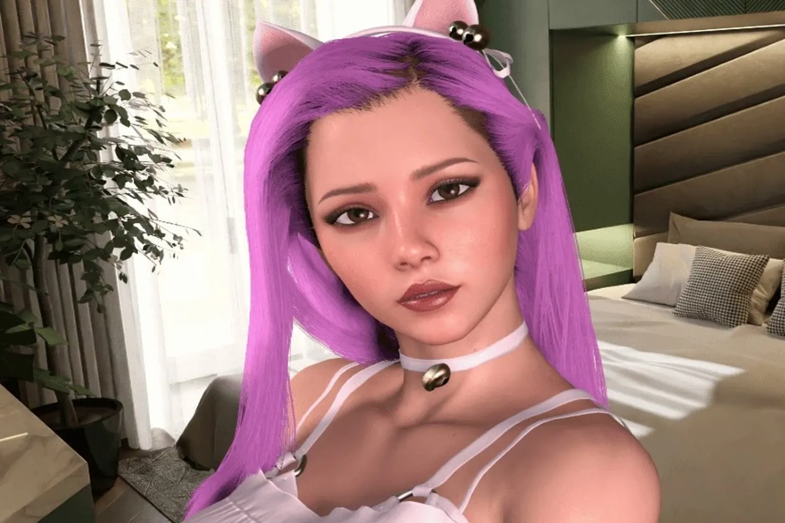Una toma de un personaje femenino virtual de cabello castaño fotografiado en un jardín o terraza luminosa. A su alrededor hay edificios de madera, césped y mobiliario de exterior, mientras una luz fresca parecida a la de la mañana crea una atmósfera limpia y aireada.