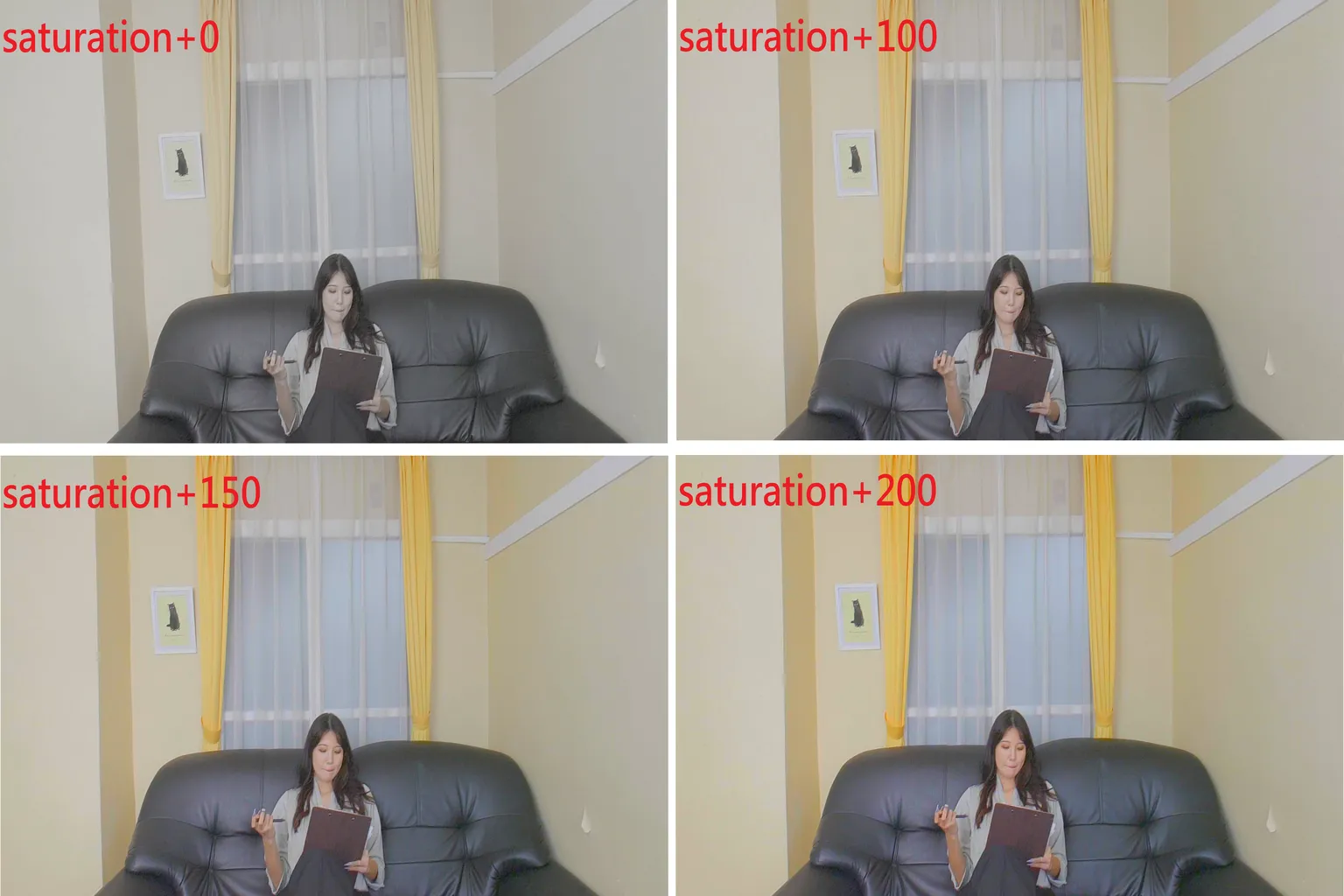 Comparación de saturación en un video VR de SexLikeReal con valores de 0, 100, 150 y 200