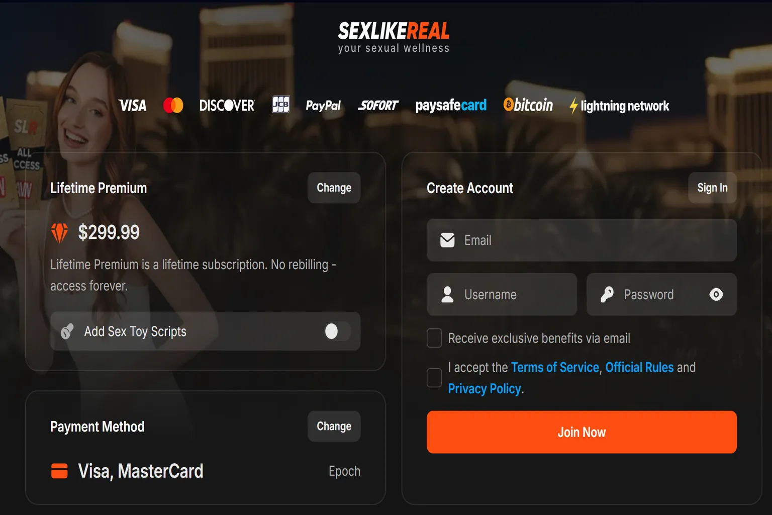 Pantalla de pago de SLR Premium + Scripts con opciones de Visa, MasterCard y criptomonedas