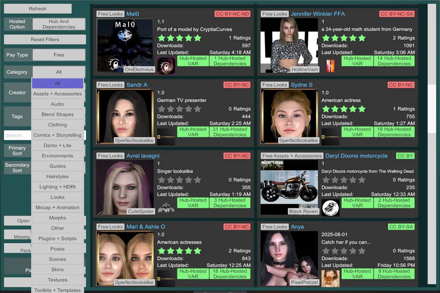 Navegador de VaM Hub con el menú Category desplegado, mostrando categorías como Looks, Scenes, Poses, Environments y Plugins + Scripts.