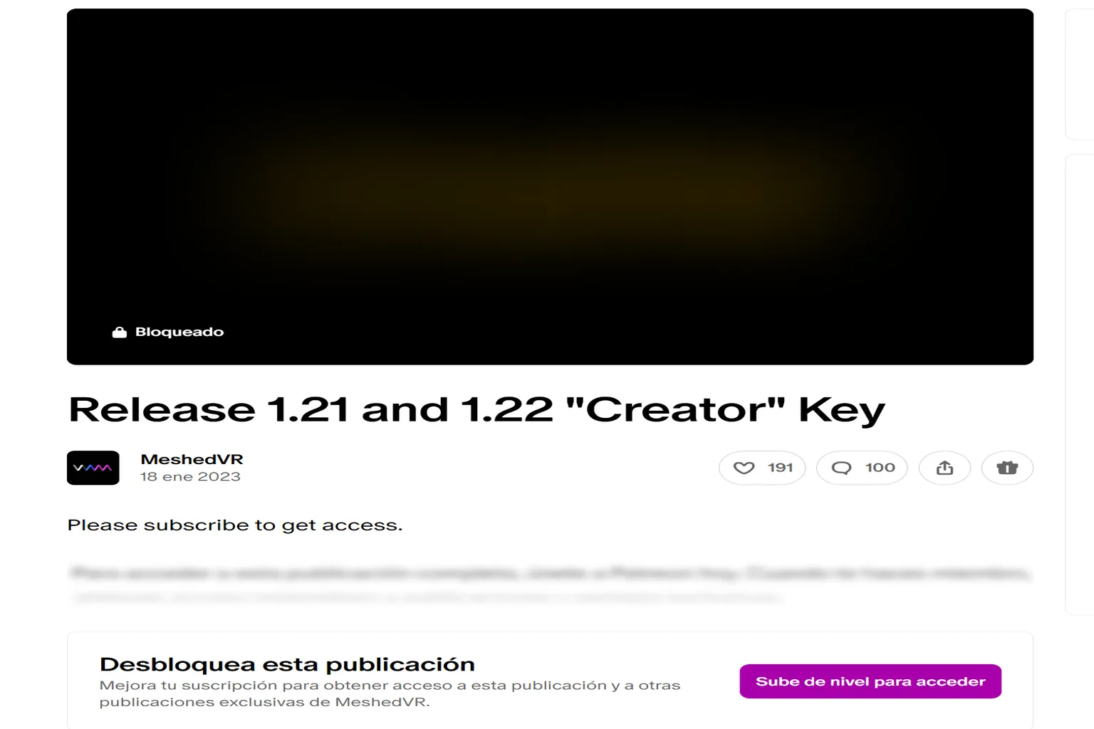 Publicación de la clave Creator de VaM 1.21 y 1.22 bloqueada en Patreon, con el botón Sube de nivel para acceder.