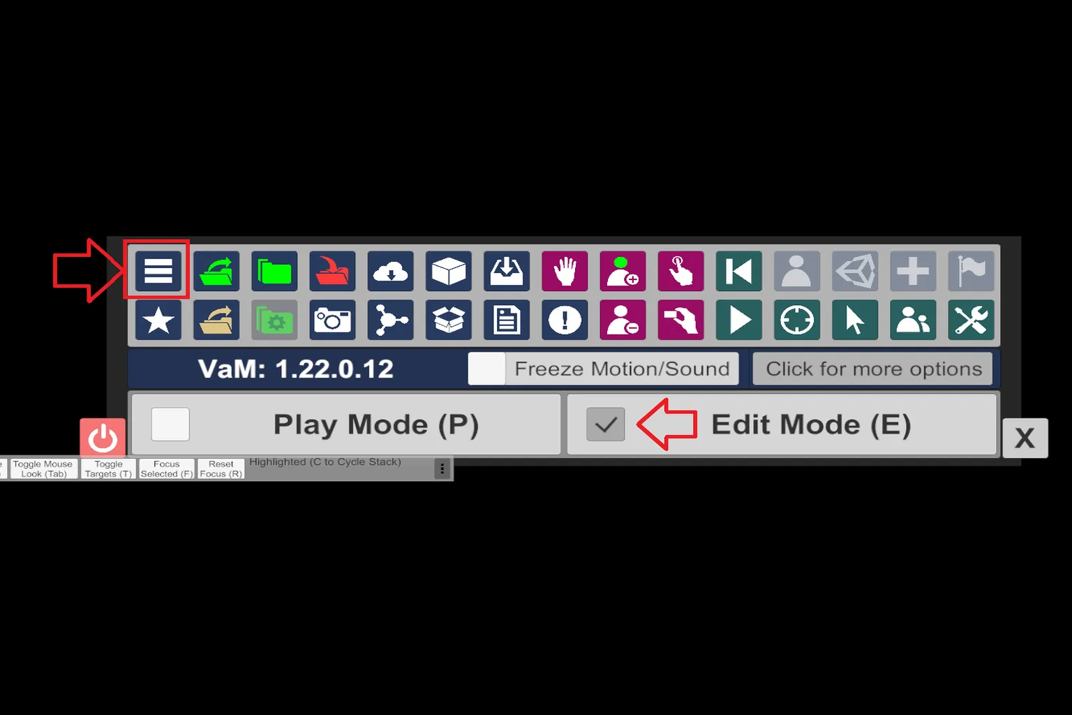 Interfaz de VaM con las opciones del menú principal y Edit Mode señaladas.