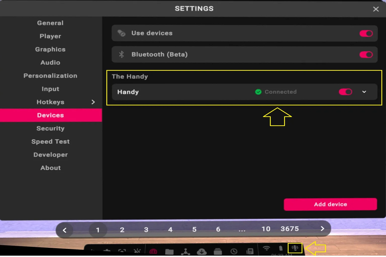 The Handy conectado correctamente en los ajustes de dispositivos de VRPorn