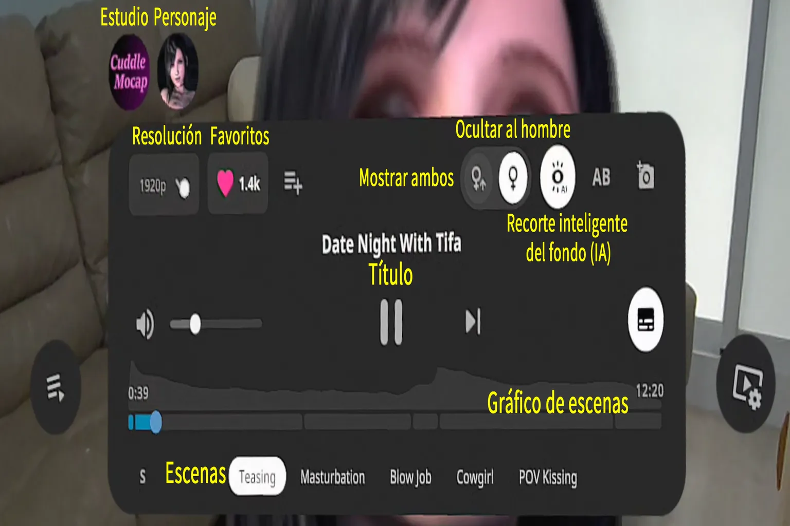 Una pantalla explicativa del panel de control de vídeo de SLR. El diseño muestra los botones de resolución, cambio de escena, favoritos, alternancia de visualización por género, modo passthrough y otros controles, dejando clara la posición de cada botón.