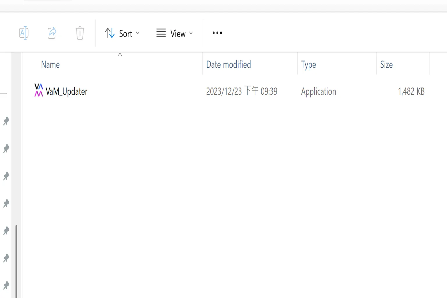 Explorador de archivos de Windows con el programa VaM_Updater extraído y listo para ejecutarse.