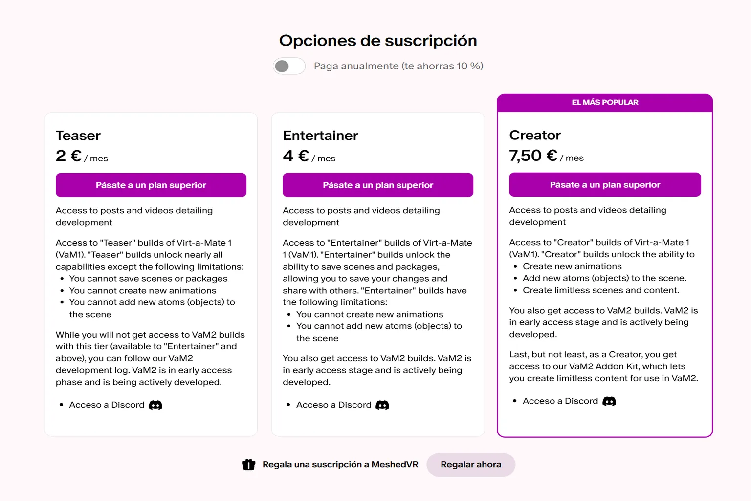Página de Patreon de MeshedVR con los planes Teaser, Entertainer y Creator, sus precios mensuales y las funciones incluidas.