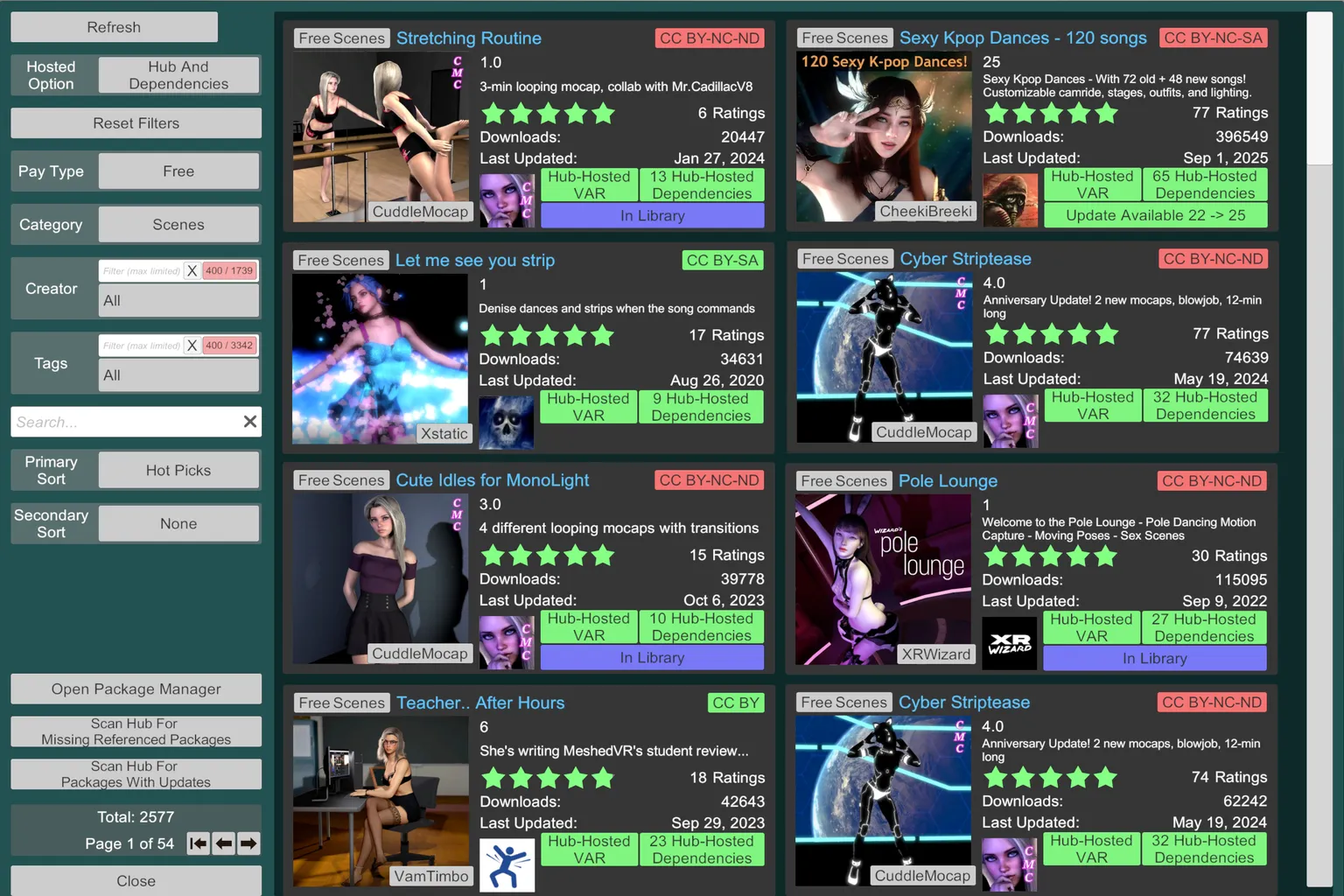 Lista de escenas gratuitas de VaM Hub ordenadas por Hot Picks, con miniaturas, valoraciones, número de descargas y dependencias de cada recurso.