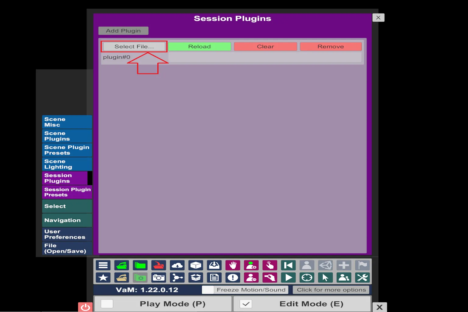 Panel Session Plugins de VaM con el botón Select File señalado para añadir un plugin.