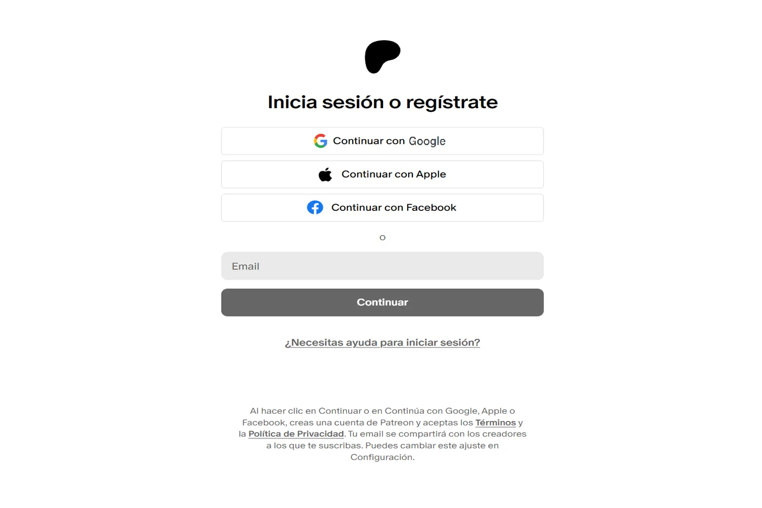Pantalla de inicio de sesión de Patreon con opciones para continuar con Google, Apple, Facebook o correo electrónico.