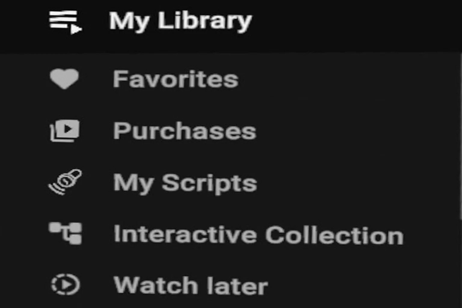 Menú Mi biblioteca de SexLikeReal con favoritos, compras, scripts y lista para ver más tarde