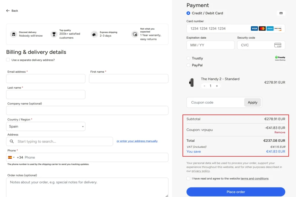 Resumen de compra de The Handy 2 con el código VRPUPU aplicado, un descuento de 41,83 € y un total de 237,08 €
