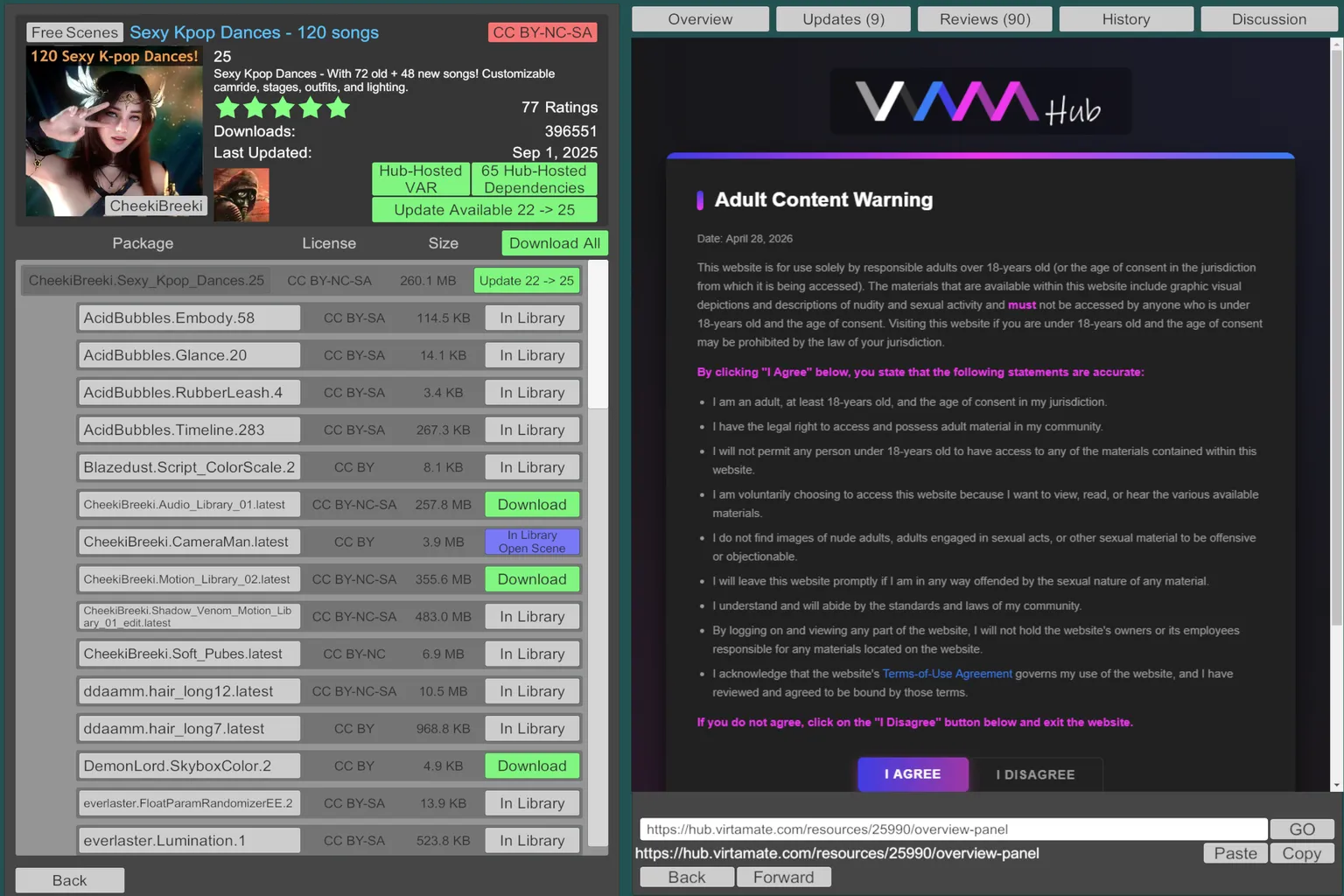 Página de detalles de Sexy Kpop Dances en VaM Hub, con la lista de paquetes y dependencias y una advertencia de contenido para adultos en el panel de vista previa.
