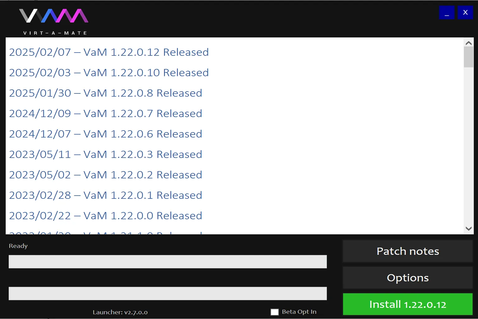 Ventana de actualización de Virt-A-Mate con la lista de versiones disponibles y el botón Install 1.22.0.12.