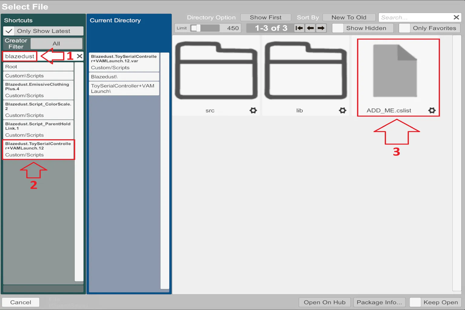 Selector de archivos de VaM mostrando ADD_ME.cslist del plugin ToySerialController+VAMLaunch.