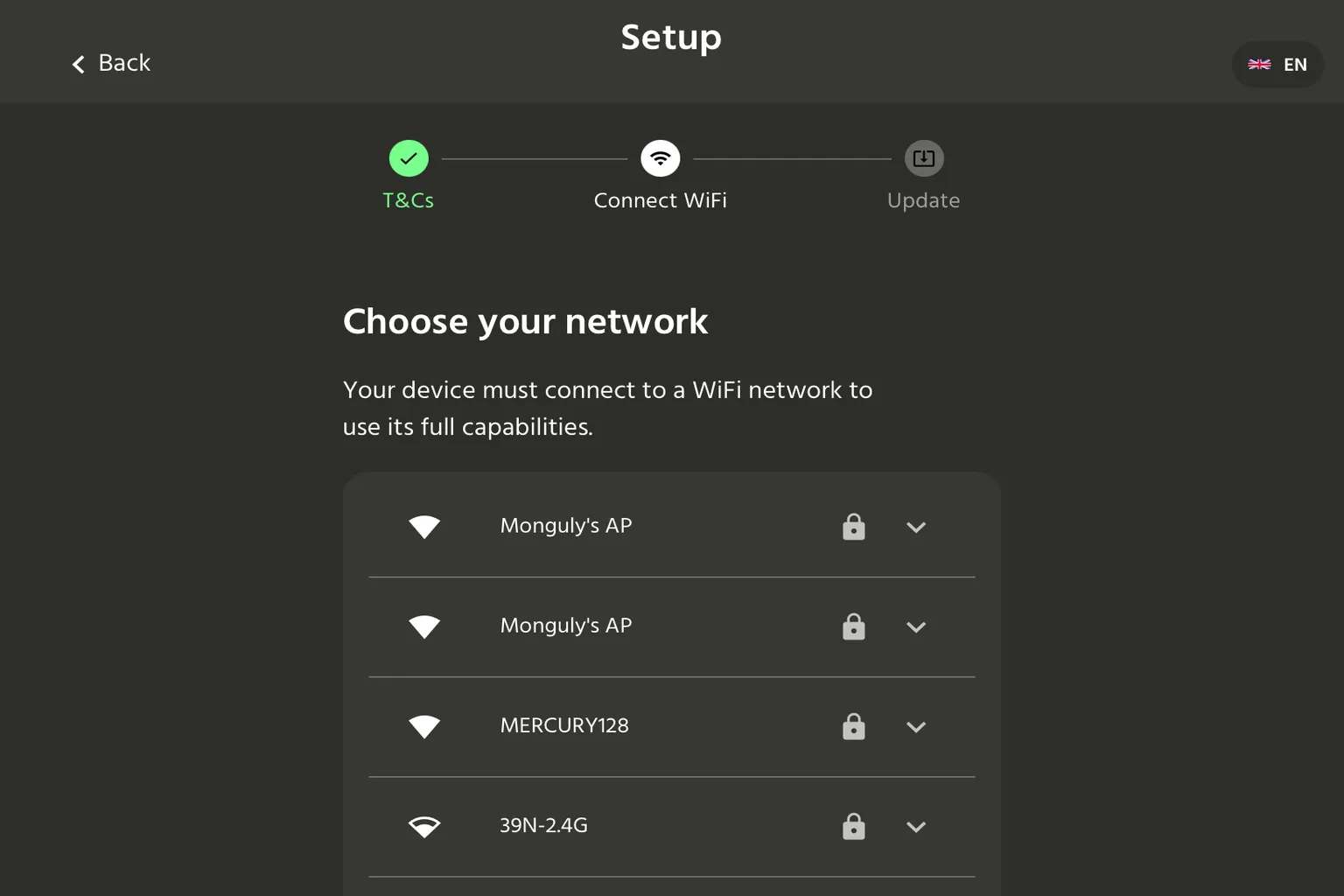 Pantalla de HandyOnboarding para seleccionar una red Wi-Fi