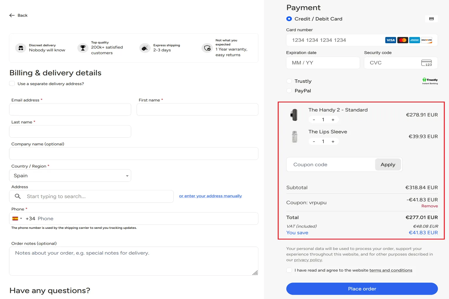 Resumen de compra de The Handy 2 Standard y The Lips Sleeve con el código VRPUPU aplicado, un descuento de 41,83 € y un total de 277,01 €