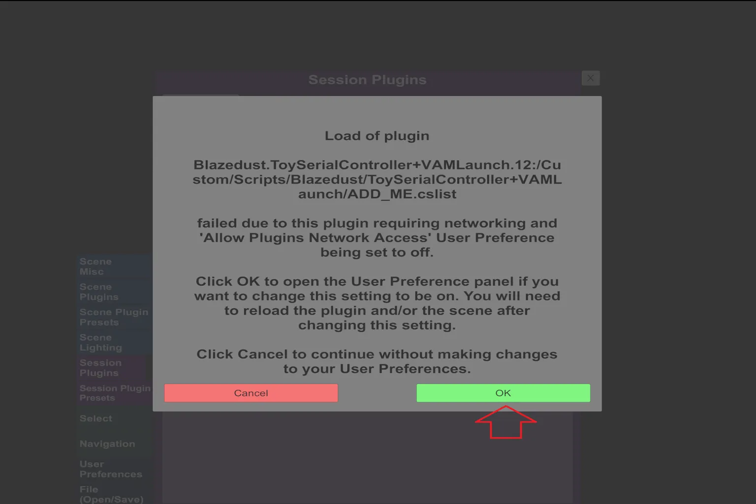 Aviso de VaM indicando que el plugin necesita acceso a la red para funcionar.