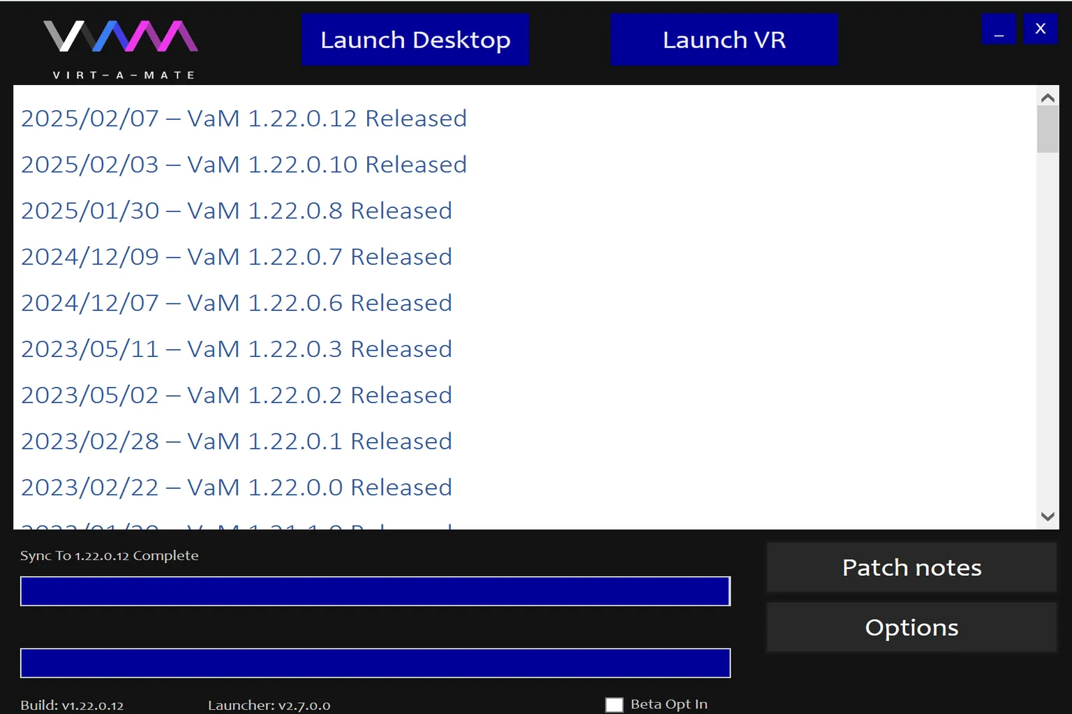 Actualizador de Virt-A-Mate con la instalación de la versión 1.22.0.12 completada y los botones Launch Desktop y Launch VR disponibles.