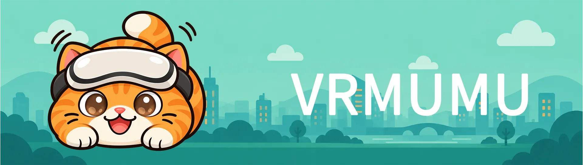 Banner de VRMUMU con un gato naranja que lleva un visor VR sobre un fondo urbano turquesa