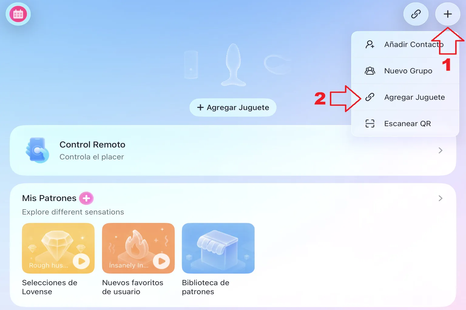 Pantalla principal de Lovense Remote que muestra cómo pulsar el botón «+» y seleccionar la opción para añadir un dispositivo y comenzar la vinculación
