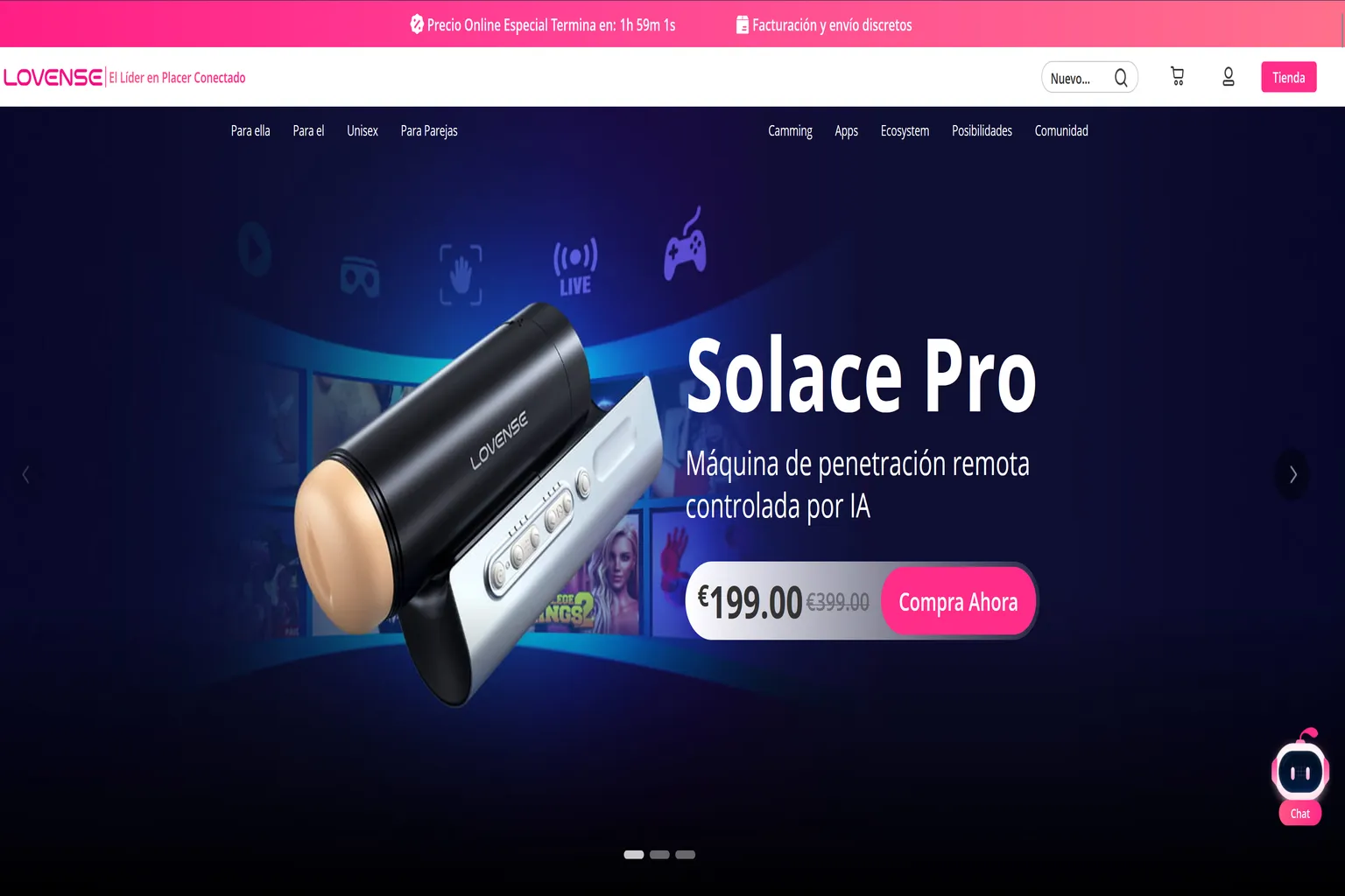 Página oficial del Lovense Solace Pro en España, con el precio rebajado de 399 € a 199 € y el botón «Compra Ahora»