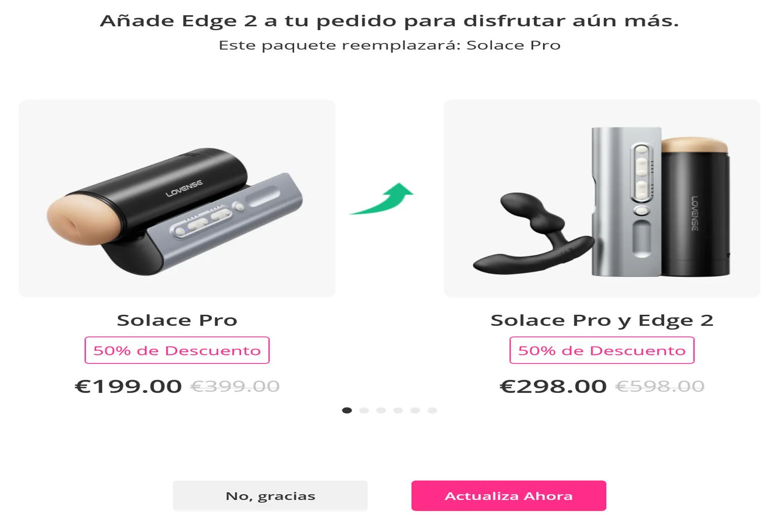 Oferta de packs de Lovense que compara el Solace Pro por 199 € con el conjunto Solace Pro y Edge 2 por 298 €, con la opción «No, gracias»