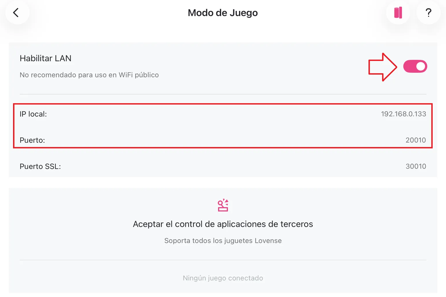 Configuración del modo de juego de Lovense Remote con la conexión LAN activada y la dirección IP local y el número de puerto visibles