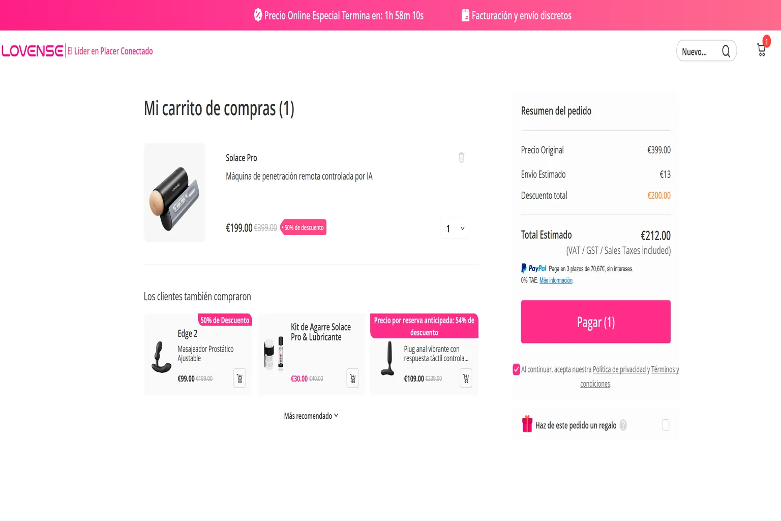 Carrito de compra de Lovense España con el Solace Pro rebajado a 199 €, gastos de envío de 13 €, un total de 212 € y accesorios opcionales