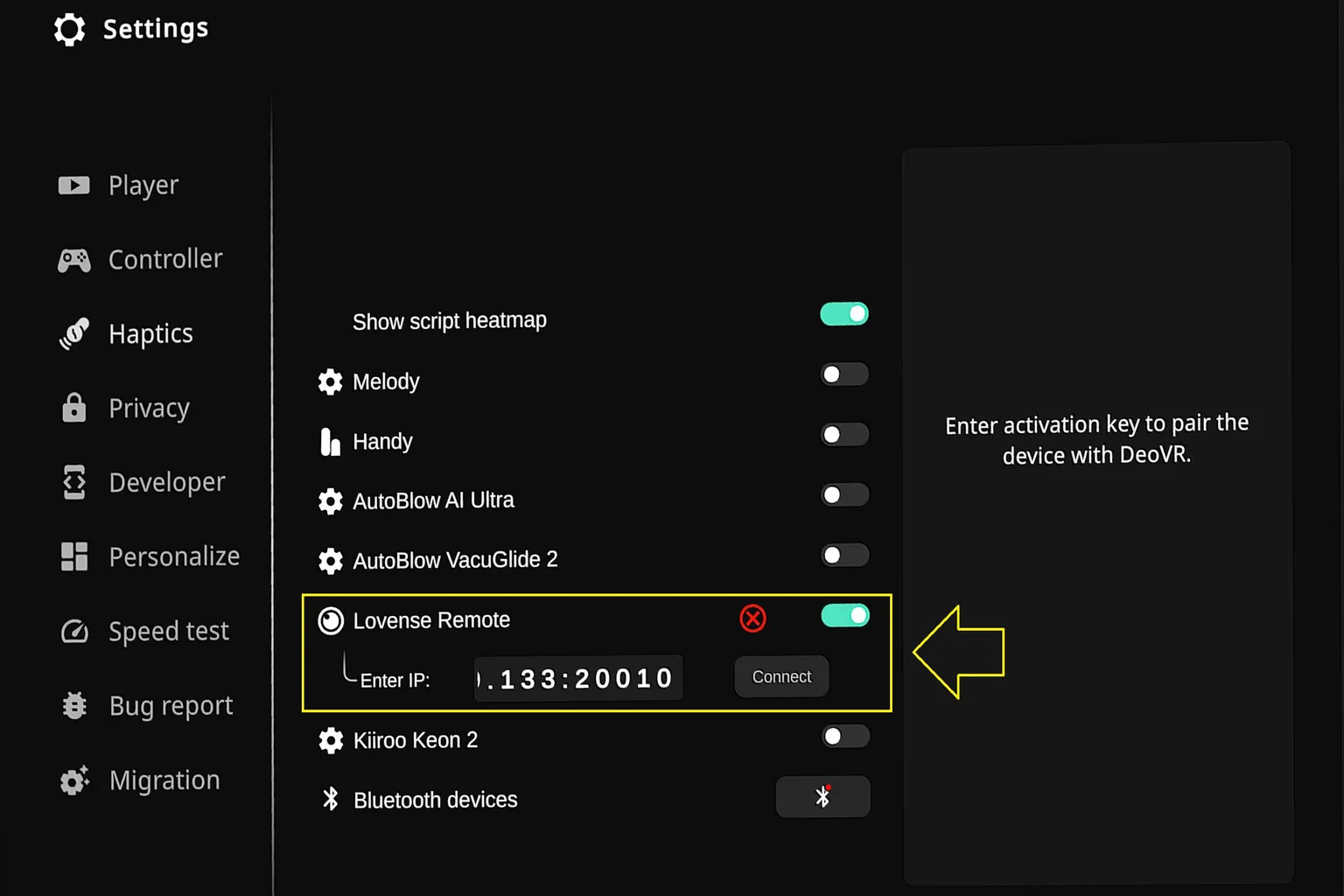 Ajustes de Haptics en DeoVR Classic con Lovense Remote activado y el campo para introducir la dirección IP y el número de puerto
