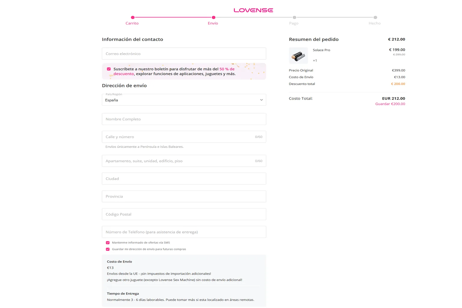 Página de pago de Lovense con España como país de envío, campos para introducir los datos personales y la dirección de entrega, y un total de 212 € incluidos 13 € de gastos de envío