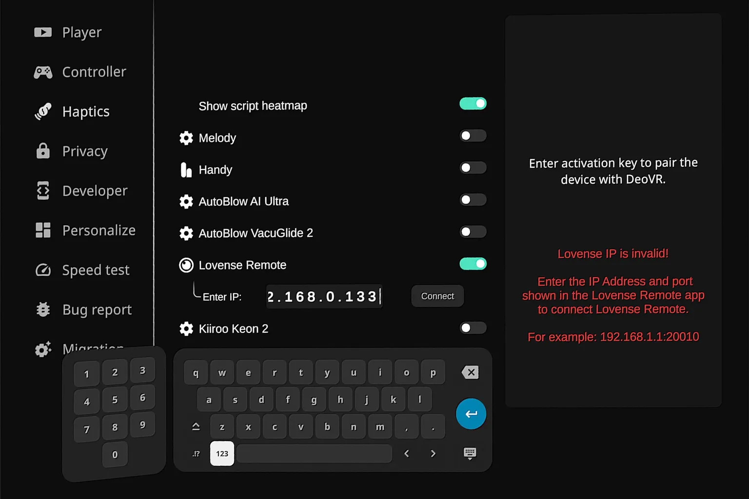 DeoVR Classic muestra el error «Lovense IP is invalid» al intentar conectarse sin introducir el número de puerto junto a la dirección IP