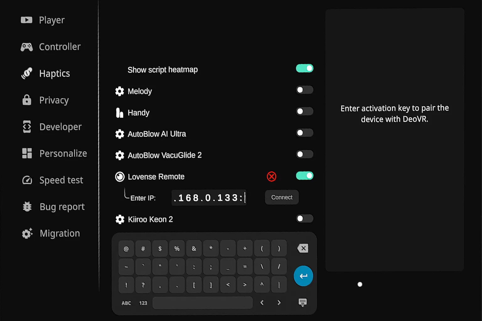 Teclado de símbolos de DeoVR Classic para introducir los dos puntos entre la dirección IP y el número de puerto de Lovense Remote